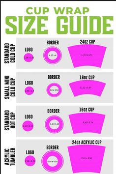 the size guide for cup wrappers is shown in pink and green, with instructions to make