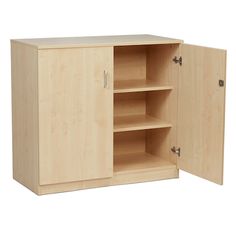 a wooden cabinet with two doors and shelves