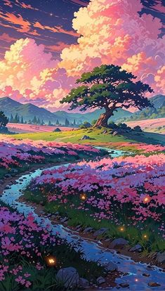 a painting of a beautiful landscape with pink flowers and a stream in the foreground