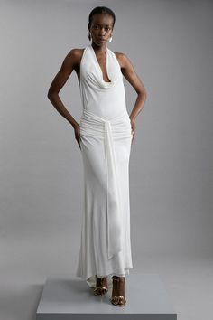 White Fitted Pre-draped Maxi Dress, Back Cowl Dress, White Engagement Dresses, Cowl Neck Maxi Dress, Latest Maxi Dresses, Winter Wedding Guest Dress, Spring Wedding Guest Dress, Maxi Dress Collection, Draping Fashion