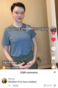 a woman standing in front of a mirror with the caption'young sheldon cosplay '