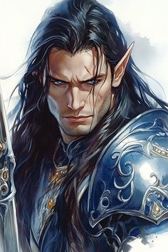 Jor'Kalan Dathir stands with a solemn poise, reflecting his noble half-elven heritage. His skin has an even, twilight bronze tone, complemented by long, lustrous hair of obsidian black. His eyes are crystalline azure, set beneath slightly arched brows. Across his chest, he dons gleaming, sapphire-encrusted azure armor, with intricate vines etched delicately along its surface. A silver katana, hilt... Dnd Characters Character Concept, Character Showcase, Paladin Dnd, Elven Kingdom, Arched Brows, Dnd Paladin, Male Elf, Elf Characters, Dnd Races