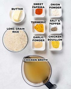 the ingredients for chicken broth are shown in separate bowls on a white table top