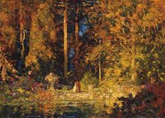 an oil painting of people in the woods by a pond and trees with yellow leaves