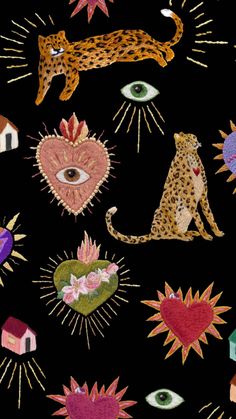 a black background with lots of different animals and hearts on the bottom right hand corner