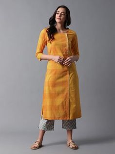 Buy Mustard Yellow Checkered Mangalgiri Cotton Overlap Kurta with Grey Chevron Printed Cotton Jacquard Pants- Set of 2 online at Theloom Jacquard Pants, Yellow Checkered, Indian Kurti Designs, Straight Kurti, Kurta Patterns, Churidar Designs, Designer Kurti Patterns