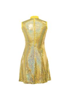 This gorgeous Yellow Spotlight Sewn-On Sequin Show Choir Dress has roomy hips to hem so dress stays down while dancing. Flattering cut gives no-cling shape and strong coil zipper assists in quick costume changes. Add a 4-row stretch rhinestone trim to neckband for total effect! Limited edition material. Show Choir Dress Features Sturdy zipper in back from hips to top of collar for fast on/off Comfortable binding around armholes Lined in soft knit polyester Includes color-matching high waist brie Fitted Sequin Mini Dress For Festive Occasions, Fitted Mini Sequin Dress For Festive Occasions, Fitted Mini Sequin Dress For Festive Season, Festive Fitted Mini Length Sequin Dress, Festive Fitted Mini Sequin Dress, Gold Fitted Disco Dress, Sleeveless Party Dress For Dance Season, Gold Sequin Stretch Dress, Fitted Sleeveless Disco Mini Dress