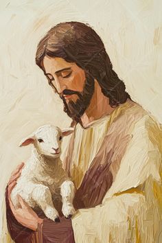 a painting of jesus holding a lamb in his arms