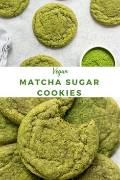 vegan matcha sugar cookies are stacked on top of each other