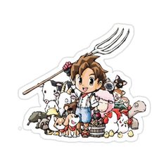 an anime character surrounded by farm animals and a large metal fork on top of it