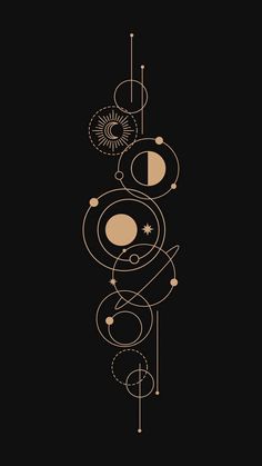 a black and white poster with gold lines on it's side, in the shape of planets