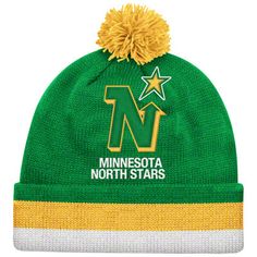 the minnesota north stars green and yellow striped knit beanie hat with a pom