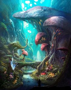 an image of a fantasy forest scene with mushrooms and other things in the background,