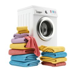 a stack of towels sitting next to a washer and dryer on top of each other