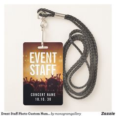 a lanyard with a name tag attached to it that says event staff on the front