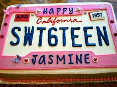 a cake that is decorated with the words happy california, sweeten and jasmine