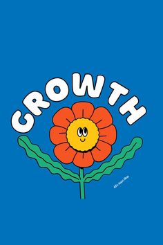 an orange flower with the words growth on it's center, in front of a blue background