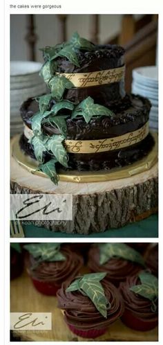 the wedding cake and cupcakes are decorated with green leaves