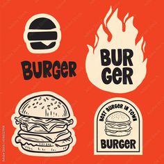 burger stickers on an orange background with fire and hamburgers in the background,