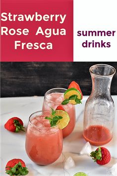 strawberry rose agua fresca in glasses with strawberries