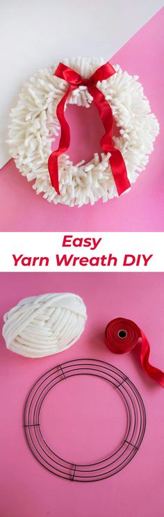 yarn wreath with red ribbon on pink background and instructions to make it in the shape of a wreath