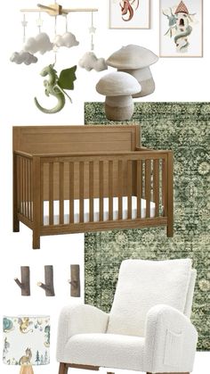 a baby's nursery room with green and white decor, including a crib