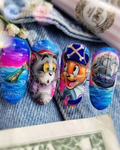 Tom And Jerry Nail Art, Jerry Nail Art, Tom And Jerry Nails, Alice In Wonderland Nails, Nails Disney, Mickey Nails, Nail Art Designs Images, Tom Y Jerry