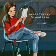 a woman sitting in a chair reading a book with a caption that reads, you are different and that makes you rare