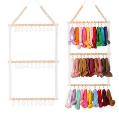 two racks with umbrellas and shoes hanging from them, one is white and the other is multicolored