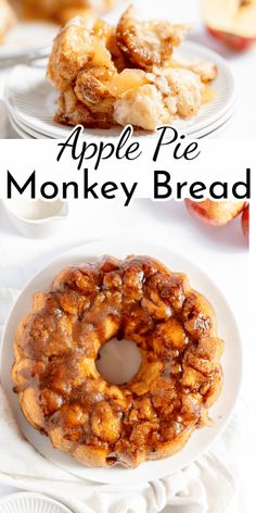 apple pie monkey bread on a white plate with apples in the background and another photo