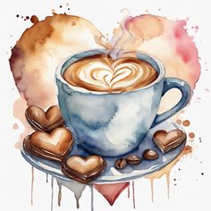 a painting of a cup of coffee with hearts on it