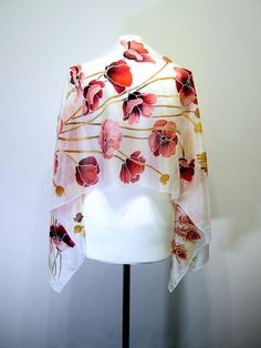 Neck scarf Firebird and Red Poppies  boho silk scarves hand White Silk Shawl Scarf, One Size, White One Size Silk Scarf For Summer, Artistic Hand Painted White Scarves, Artistic Hand-painted White Scarf, Artistic Hand Painted White Scarf, White Artistic Scarves For Spring, Artistic White Scarf For Spring, White Silk Scarf Shawl, Artistic White Scarves For Spring