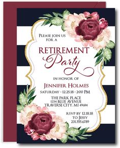 a retirement party card with flowers and leaves on the front, in burgundy and white stripes