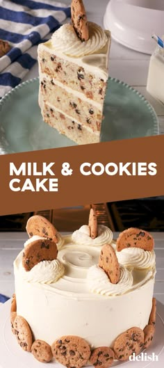 there is a cake with cookies on it and the words milk & cookies above it