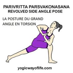 a woman doing yoga poses with the words parvirita parsvakonasana revolving