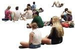 a group of people sitting on the ground with their backs to each other and looking at something