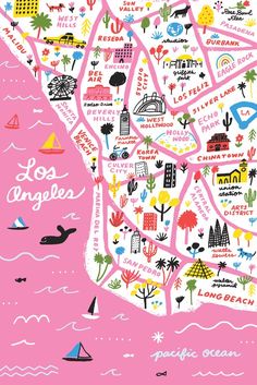 a pink poster with the map of los angeles on it's side and words written in