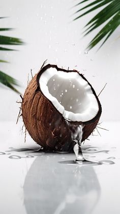 a half eaten coconut sitting on top of a white table next to a palm tree