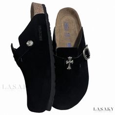 Lasaky - Cross Black Brogue Shoes with Thick Sole - Genuine Leather Slip-On Loafers Vintage Leather Sandals, Cow Hide Shoes, Black Brogues, Shoe Sole, Brogue Shoes, Leather Slip Ons, High Heel Sandals, Leather Loafers, Vintage Leather