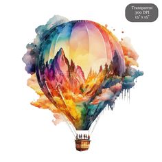 a colorful hot air balloon flying in the sky with mountains and clouds painted on it