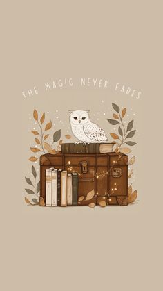 an owl is sitting on top of a suitcase with books and leaves around it that says, the magic never fadess