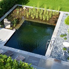 an aerial view of a garden with a pond and patio furniture in the center, surrounded by greenery