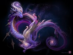 a purple and blue dragon is in the air with its tail curled around it's neck