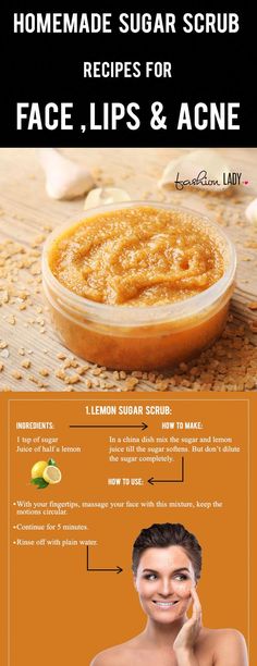 Homemade Sugar Scrub Recipes For Face, Lips And Acne #lemonfacescrub Face Scrub For Acne, Homemade Sugar Scrub Recipes, Sugar Face Scrub, Sugar Scrub Homemade Recipe, Easy Sugar Scrub, Homemade Sugar Scrub, Combination Skin Face Wash, Lemon Sugar Scrub, Sugar Scrub Homemade