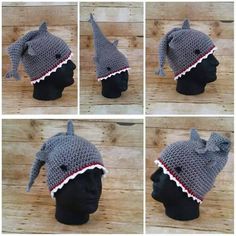 four pictures of a crocheted hat with horns and bows on the top, in different angles