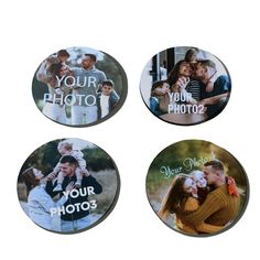 four personalized magnets with your photos on them are shown in three different styles