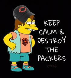 a cartoon character with the words keep calm and destroy the packers written on it's chest