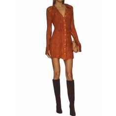 Elevate Your Style Game With This Stunning Free People Shayla Lace Mini Dress In Pumpkin Pie Size Large. The Dress Features A Mock Neck And Button Closure, Perfect For Any Occasion Whether It's A Wedding, Party, Or Casual Outing. The Crochet Accents And Bell Sleeves Add A Touch Of Bohemian Charm, While The Solid Pattern And Stretchy Fabric Make It A Comfortable And Versatile Addition To Your Wardrobe. This Dress Is Perfect For Summer, Fall, Or Spring And Can Be Easily Cared For With A Hand Wash Lace Mini Dress, Free People Dress, Solid Pattern, Stretchy Fabric, Summer Fall, Pumpkin Pie, Gorgeous Dresses, Mock Neck, A Wedding