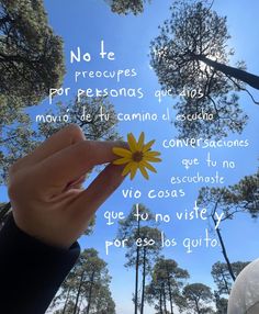 a person's hand holding a flower in front of some trees and the sky