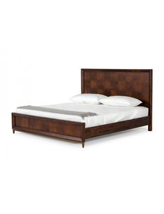 a wooden bed frame with white sheets and pillows on it's headboard, in front of a white background